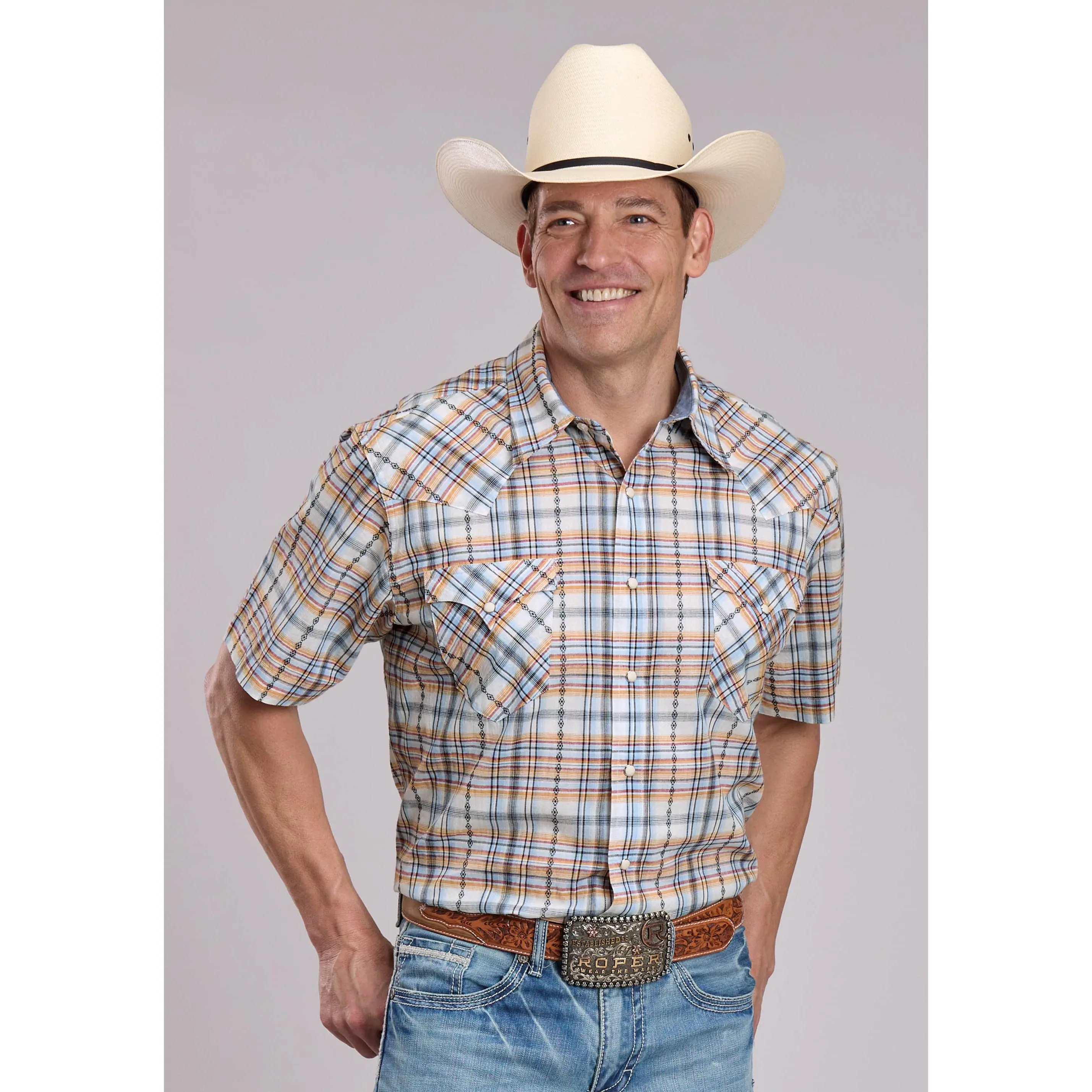 Mens Roper Serape Plaid Short Sleeve Snap Shirt