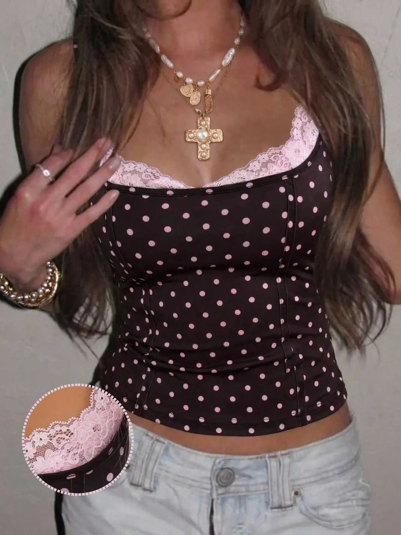 SM&Co. Pink And Black Polka Dot Contrast Lace Camisole Top Y2K Aesthetic Going Out Top Trendy Summer Outfit Date Night Cami