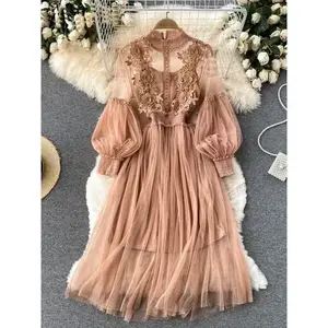 Ladies Dress Three-dimensional Flower Hook Mesh Temperament Stand Collar Lantern Sleeve High Waist Slim Female Dresses Casual Light