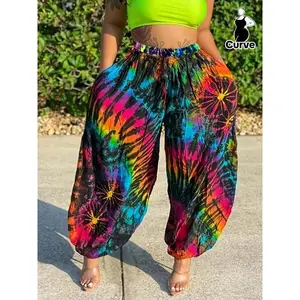 Plus Size Tie-Dye Drawstring Waist Jogger Pants, Summer Clothes, Boho Elastic Waist Trousers with Pockets, Women’s Back-to-School Bottoms for Everyday Wear, Summer Outfits 2024, Women’s Clothing