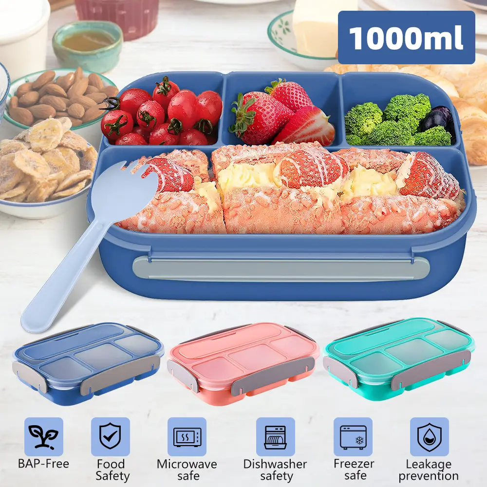 Bento Lunch Box, 4 Compartments and Spoon 1000 ML School, Work and Travel, BPA Free, Three Colors, Xmas Gift Lid Silicone