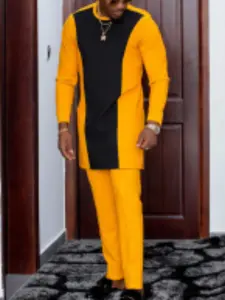Traditional Muslim African Cultural Style Men's Wedding Suit Set, Round Neck Long Sleeve Top and Pants, 2 Piece Set, Formal Wear, Outfit