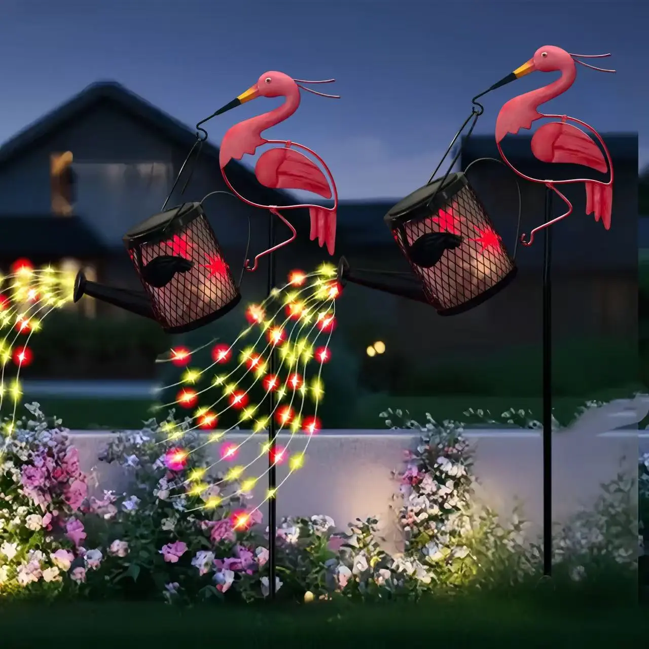 Outdoor Deck Post Lights, 2-Piece Flamingo Watering Can Teapot Lamp Set with Water-Resistant Iron Frame, Built-In Cells for Outdoor Decor