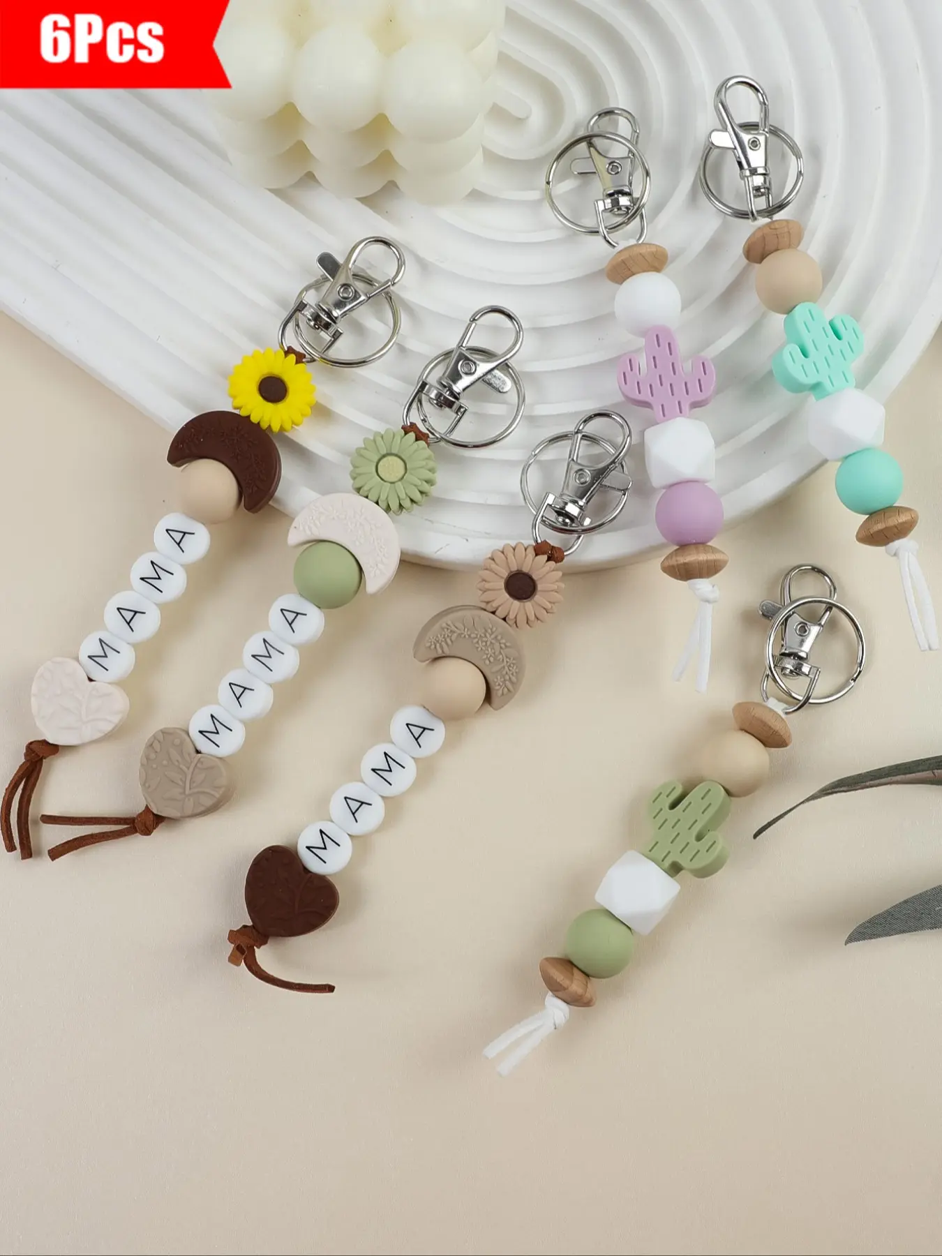 6pcs-Cute Beaded Keychains Set, Sunflower Crescent Heart Letter Mama Cactus Series, Soft Adorable Bag Charms, Cute Keychain Accessory, Perfect Gift for Friends