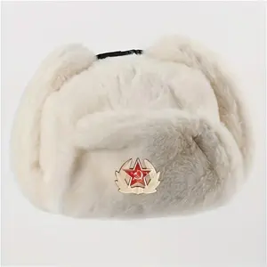 Faux Mohair Ushanka Winter Hat for Women with Ear Protection and Star Emblem