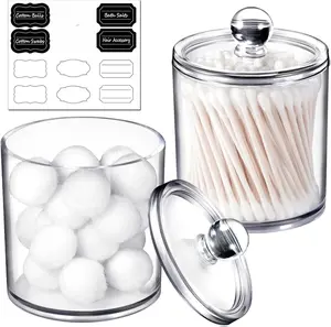 SheeChung 2 Pack Qtip Dispenser Apothecary Jars Bathroom with Labels - Qtip Holder Storage Canister Clear Plastic Acrylic Jar for Cotton Ball, Pads, Swab,Q-tips, Rounds (Small)
