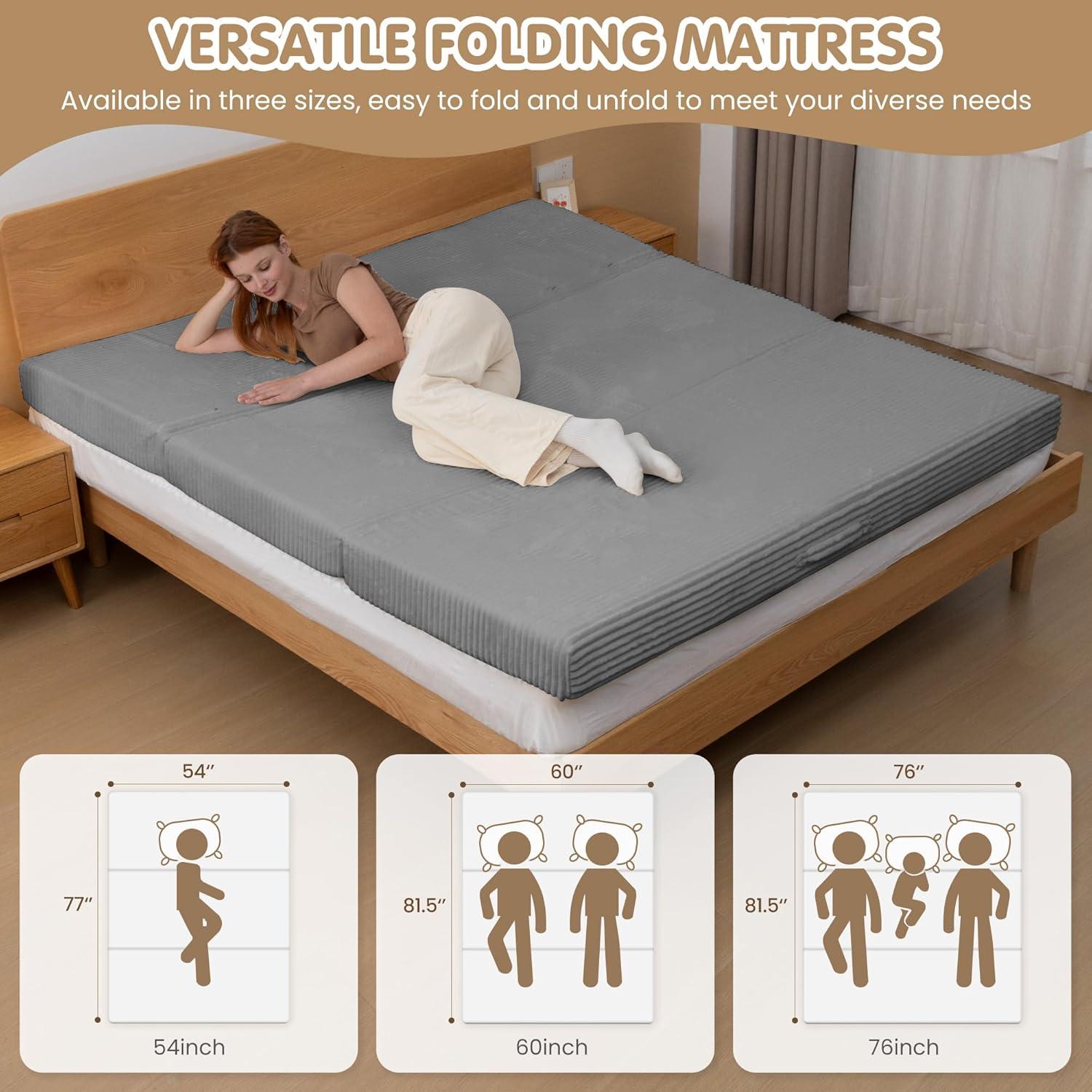 Winzoo 5-in-1 Convertible Sofa Bed,Boneless Couch Tri Folding Floor Mattress with Removable L-Shaped Armrests & Handle,Corduroy Futon Couch Sleeper with Pull Out Bed for Living Room Bedroom Apartment