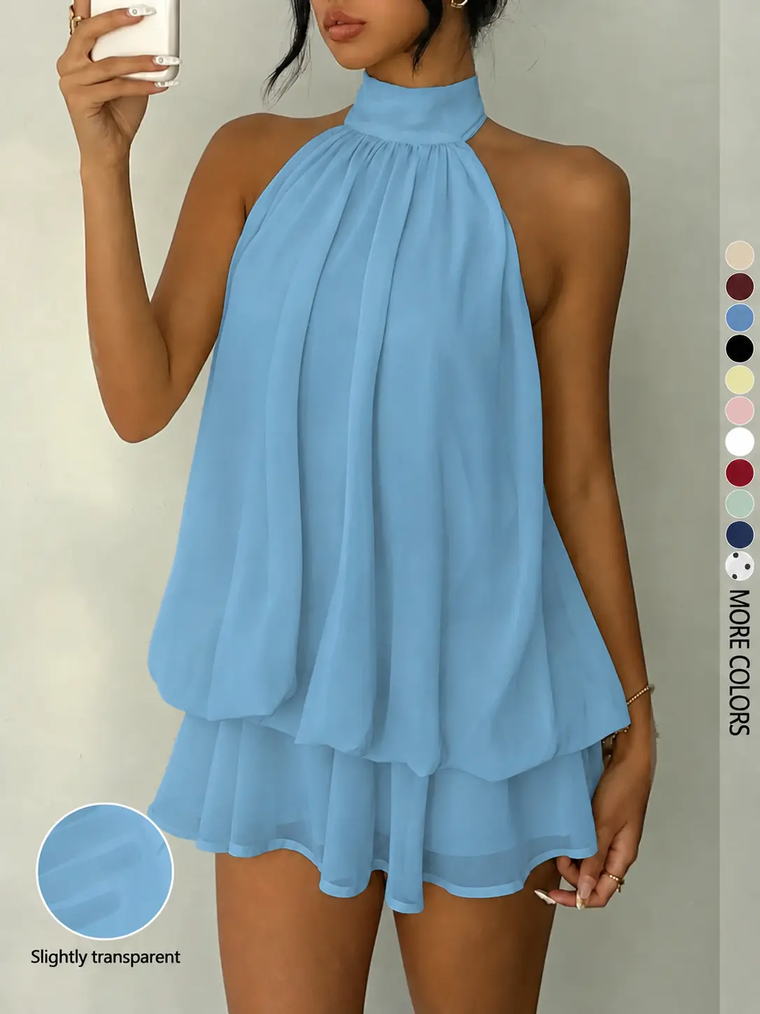 A minimalist, solid-color, backless halter-neck jumpsuit for women, featuring an elegant ruffle design; a stylish, sleeveless piece suitable for casual wear and versatile enough for all seasons.