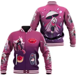 Angel Dust Anime Varsity Jacket, Gradient Character Graphic Bomber, Trendy Animation Fan Gift, Stylish Alternative Streetwear Outfit