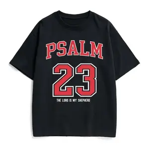 T - shirt with “PSALM 23 THE LORD IS MY SHEPHERD” print, inspired by biblical verse Tees Garment