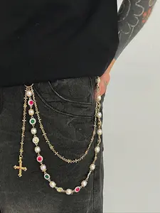 Vintage Colorful Rhinestone Cross Pants Chain, Men's Hip Hop Body Chain for Pants Decoration, Unique Fashion Accessory
