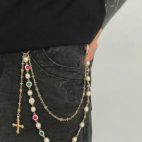 Vintage Colorful Rhinestone Cross Pants Chain, Men's Hip-Hop Style Beaded Jean Chain, Unique Fashion Accessory for Pants Decoration, Chains for Pants