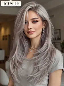 TOPSHE13*4 13*6 Women's Medium Straight Hair Wig, Silver Color Layered Design, High-Temperature Resistant, Silky Straight Wigs, Perfect for Daily Wear & Special Occasions