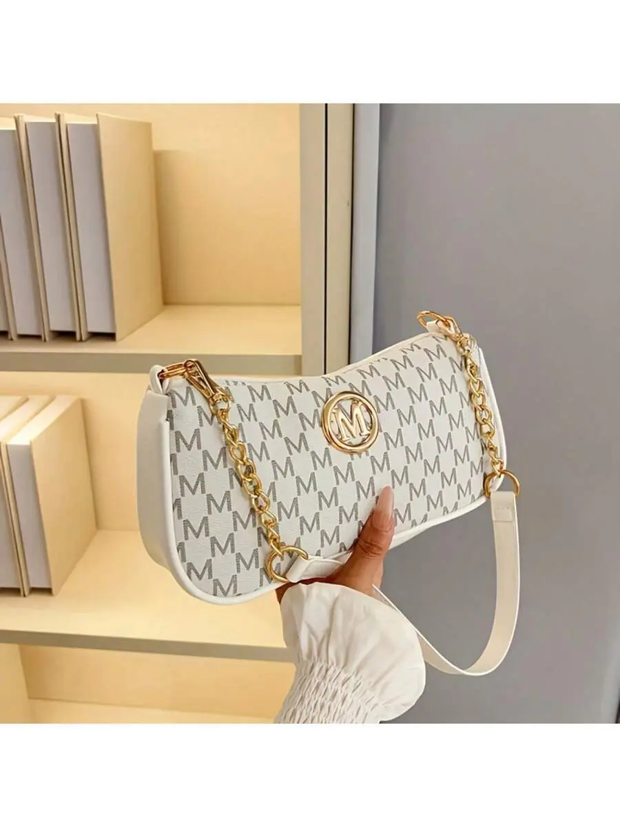 Women's French Retro Hobo Bag, Casual All-Over Monogram Print PU Crossbody Purse with Chain Strap, Lightweight Mini Bag for Shopping, Casual Wear, Hobo Bags
