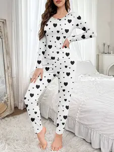 Women's Sleepwear Set, Casual Round Neck Long Sleeve Pants, Romantic Heart Print, Soft Elegant Comfortable, Wearable at Home