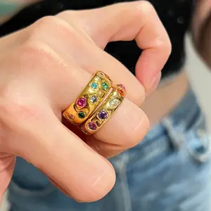 Fashionable and trendy light luxury high-end wide and narrow inlaid colorful sparkling diamond rings with unique design, suitable for stacking, personalized and stylish ring gift