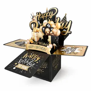 1 Pcs Black and Gold Pop-up 3D Birthday Card Happy Birthday Card, Handmade Paper Carving Card, Handmade Card, Gift, Party Favor Decoration