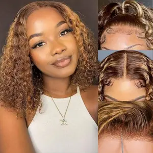 4/27 Bob Wig Human Hair 13x4 HD Transparent Lace Front Wigs Highlight Ombre  Curly Frontal Wigs Human Hair Pre Plucked Human Hair Wigs for Women 180% Density 16 Inch