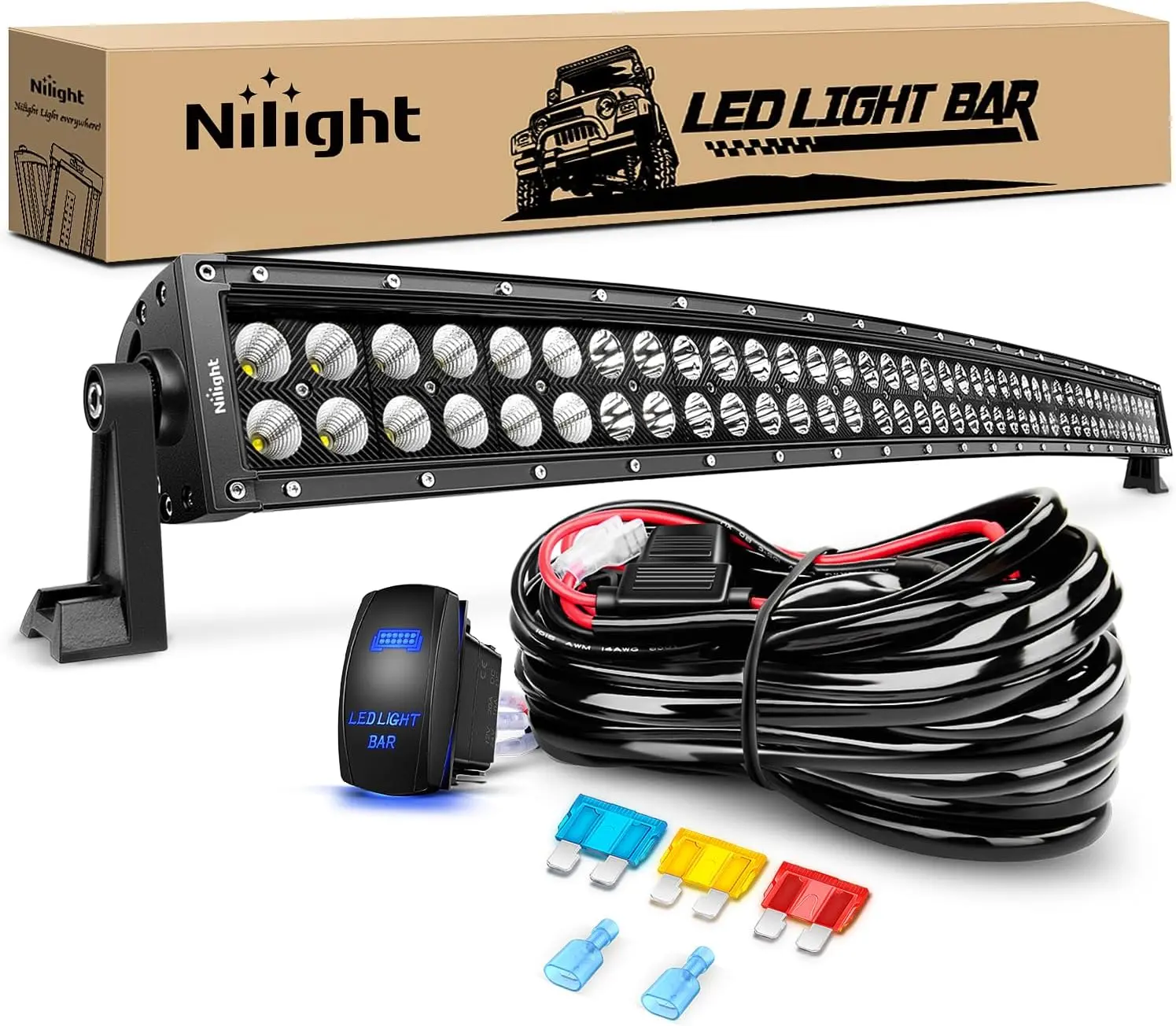Nilight 42" 240W Curved LED Light Bar - Spot & Flood Combo Beam, 14AWG 5-Pin Rocker Switch Easy-Install Wiring Kit, Durable Off-Road Led Car Lights for Trucks, ATVs