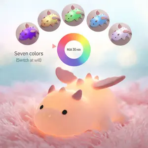 Cute Baby Dragon Silicone Night Light and Ambient Lamp, One Tap On, 3 Brightness Levels, 7 Color Changing LED Light with 30 Min Timer, 1200mAh Rechargeable for Bedroom, Bedside, Nursery and Kids