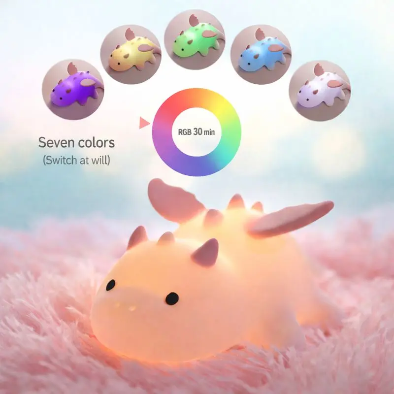 Cute Baby Dragon Silicone Night Light and Ambient Lamp, One Tap On, 3 Brightness Levels, 7 Color Changing LED Light with 30 Min Timer, 1200mAh Rechargeable for Bedroom, Bedside, Nursery and Kids
