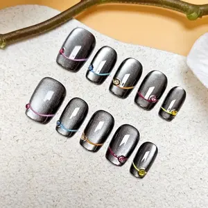 10pcs high-end Sweet, cool, dark and short cat-eye style handmade fake nails, Dark-colored short nail decoration patches for woman, Diy Nail Art