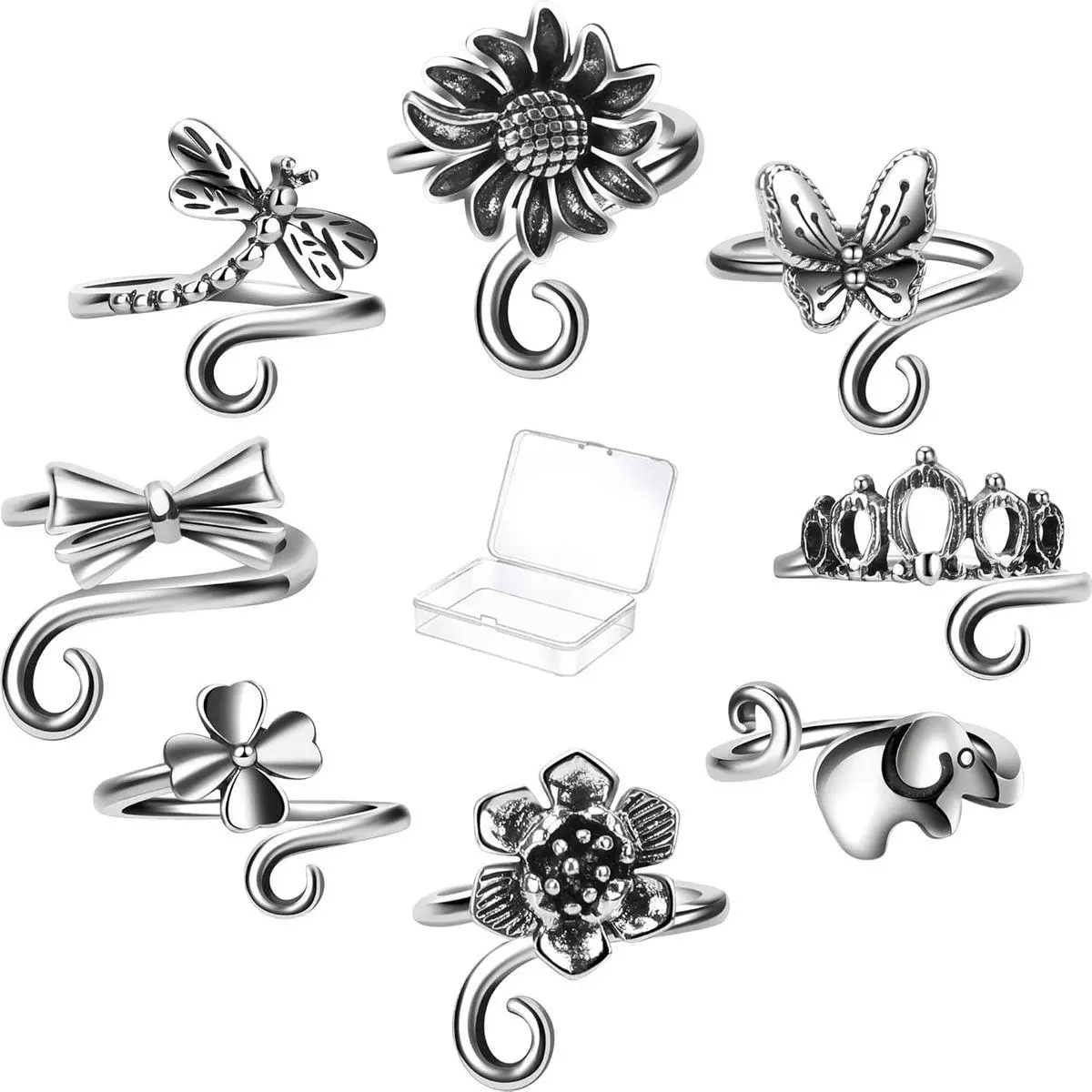 8 PCS Crochet Rings Sunflower Crown Cat Dog Butterfly Four-Leaf Clover Adjustable Yarn Tension Ring Knitting Tools Supplies Crochet Gifts for Crocheters