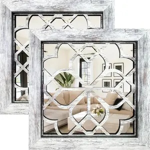 Boho Wall Mirror Decor, Set of 2 Rustic Farmhouse Accent Mirror 12x12 Inch, Square Shatterproof Vintage Style Mirrors for Wall, Small Decorative Mirrors for Living Room, Bedroom(Grey)