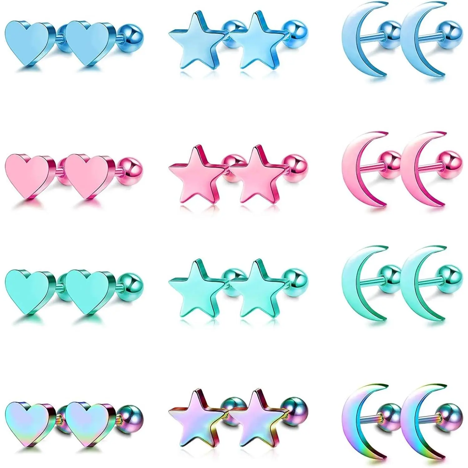FLORIDECO Unisex 18G Hypoallergenic Surgical Stainless Steel Screwback Stud Earrings Set (12 Pairs) - Heart/Moon/Star Solid Shapes, Durable Steel for Daily Wear, for Earring Stack & Vertical Helix