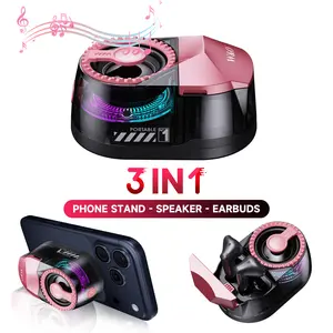 W&O 3 in 1 Wireless Magnetic Rechargeable Bluetooth Speaker with Phone Stand and Earbuds, LED Nightlight for Tablet iPhone Android 5.4 Connectivity, New Design Durable Smart Device, Smartphone Audio, Holder, Earphones Battery