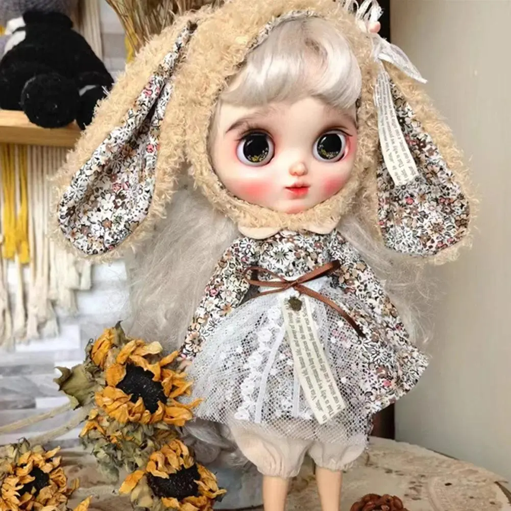 For Doll Handmade Doll Skirt Dress With Big Ear Rabbit Hat Doll Floral Patterned Dress For Blythes Ymy Licca Azones Ob24 Ob27