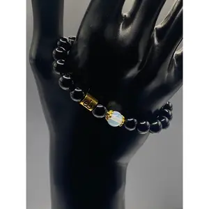 Aries Zodiac black obsidian with opalite semi precious stone/crystal elastic beaded bracelet with gold accents