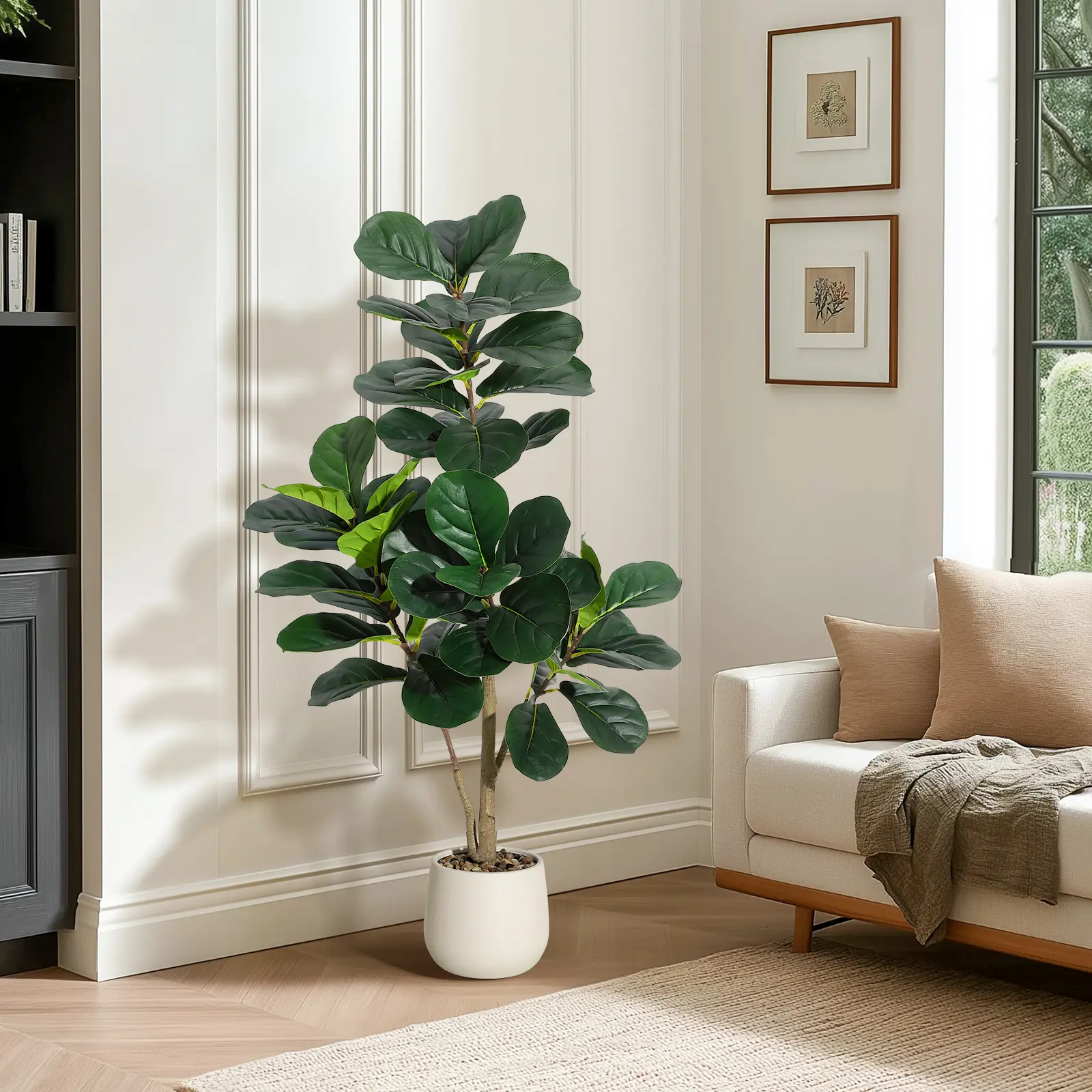 4FT Fiddle Leaf Fig Tree Artificial with 48 Leaves - Realistic Faux Ficus Lyrata Trees in 7.8" White Planter Pot, Indoor Fake Floor Plants for Home Office Living Room Decor, Housewarming Gift Decorative Fruit Matte Minimalist Pack Set Ornaments Wood