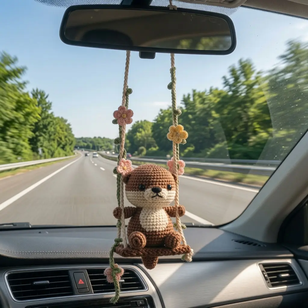 Otter Car Hanging Crochet Ornament, Handmade Amigurumi Otter Swing, Rearview Mirror Car Charm, Cute Animal Car Decor, Boho Vehicle Accessory, Gift for Otter Lovers