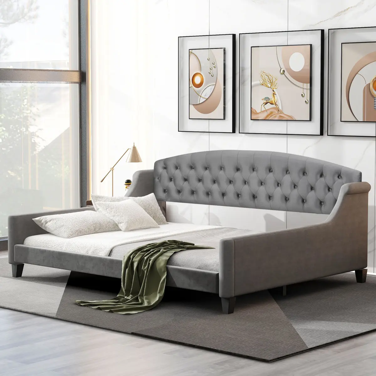 Sturdy Glam Tufted Full-Size Button Tufting Daybed - Gray Plywood, Fabric, Foam Comfy Couch, 400lb Dual-Purpose Modern Luxury Indoor Furniture (Old SKU: SM001009AAE, GX001009AAE), Padded With Foam Fill