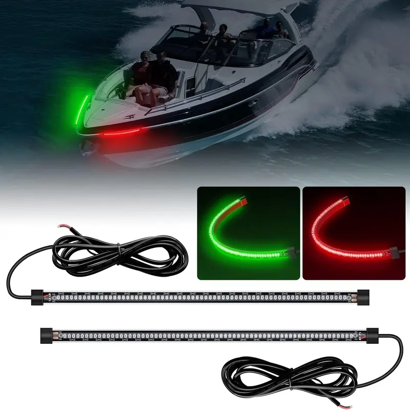 Nilight 2PCS 13In Marine Bow Navigation LED Lights, 66 LED Red Green Low-Power 12V IP68 Rated Bright Safety Fixtures, Rubber-Silicone Flexible USB Rechargeable Submersion Lights with 24 AWG 6Ft Wire Cable for Pontoon Boat, Car Accessories