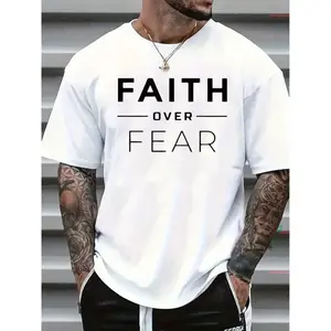 Men'S Faith Over Fear Christian Graphic T-Shirt - With Lettering, Casual Round Neck Short Sleeve, Breathable Summer Tee For Church Events & Casual Attire, Inspirational Bible Verse Apparel graphic tee viral graphic tees