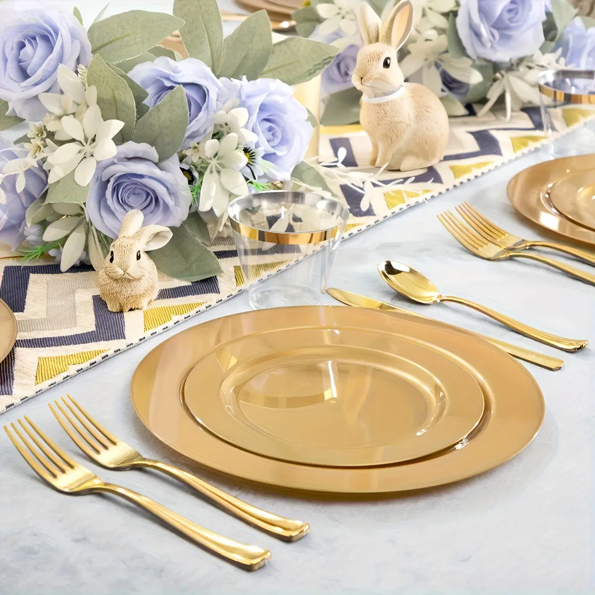 Golden Finish Disposable Tableware Set Bundle (180pcs) - Includes Cups, Plates & Cutlery for Wedding Parties (Home & Festive Supplies: 10.25in Dinner, 7.5in Dessert, Forks, Knives, Spoons; 30 Each)