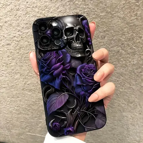 Melancholy Cool Spiky Purple Rose Skull Creative Smartphone Case - Shockproof Full-Protection Protector for iPhone 11/12/13/14/15/16e/17 Air/Pro Max/Plus Handheld Devices, MS29 Pattern Halloween Gift Accessory
