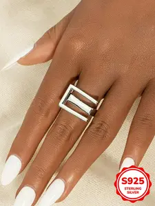 S925 Sterling Silver E-letter Geometric Design Ring, Adjustable Opening Ring for Women, Elegant Ring, Statement Ring, Fashion Jewelry for Party, Daily Decor, Trendy All-match & Exquisite Jewelry for Birthday Gift