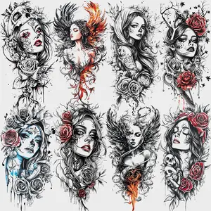 8 Sheets 3D Colorful Temporary Tattoos for Men Women Adults, Skull Flower Rose Wing Halloween Fake Half Sleeve Tattoo Stickers Set