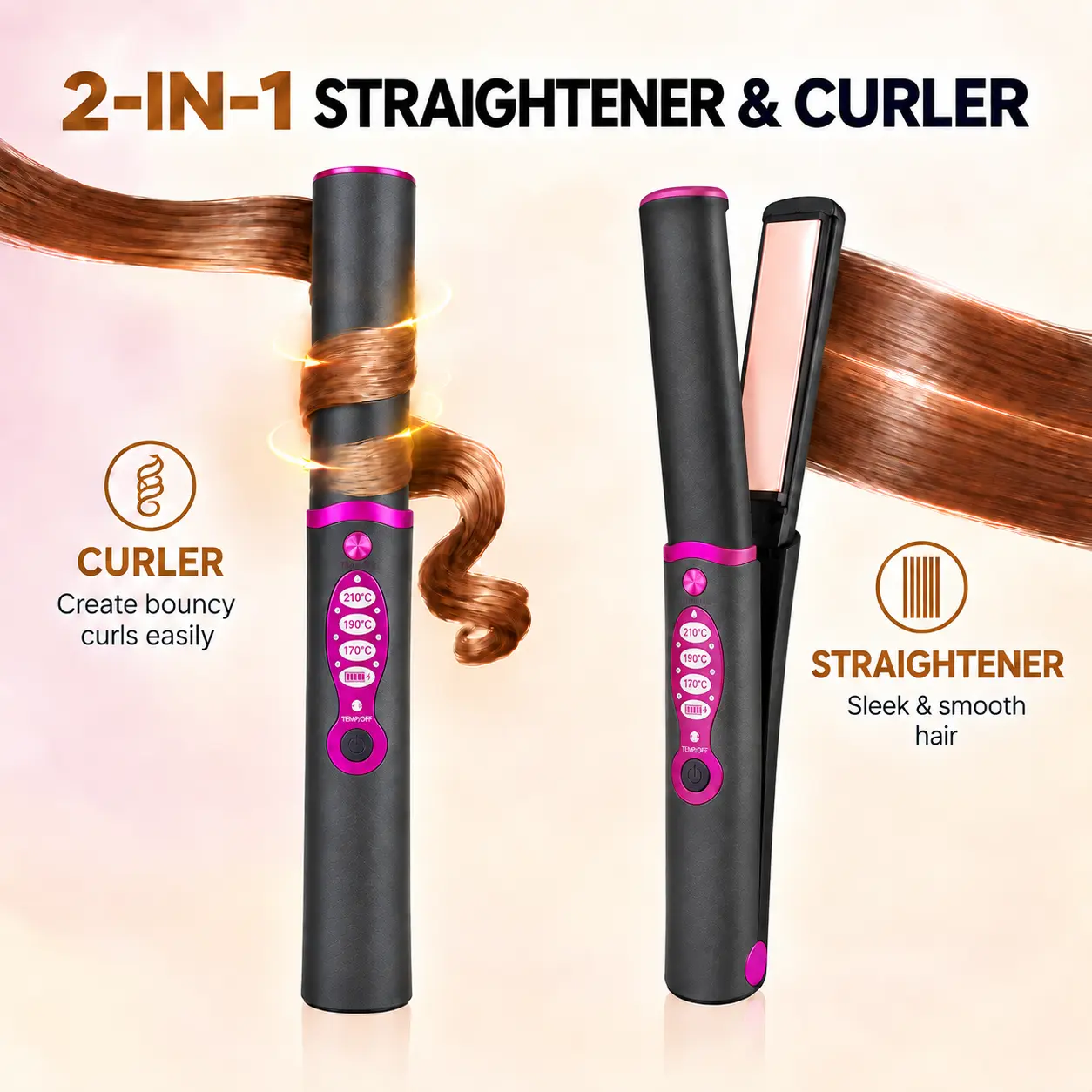 Qawtor Cordless Mini Hair Straightener & Curler, 2-in-1 Wireless Styling Tool, Titanium Flat Iron for Straightening & Curling, 5000mAh Rechargeable Hair Styler, Fast Heat, Up to 210°C/410°F, Travel Size