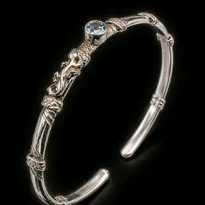Florentine Salamander Bangle - Sterling Silver Bangle Bracelet- 5 mm Aquamarine | Hand-made Size Large Adjustable | One-of-One