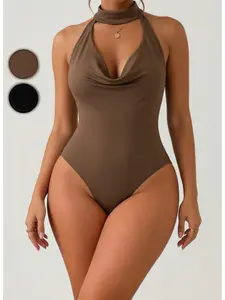 Halter neck swing collar jumpsuit, sexy hot girl style, slim-fitting and figure-flattering sleeveless top, brown + black two-piece set, suitable for party and date outfits Bodysuit