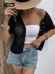 Elegant Women's Spring Summer Fashion Casual Knit Button Front Sweater Short Sleeve Top, Plain Hollow Out Design, Home Leisure Wear