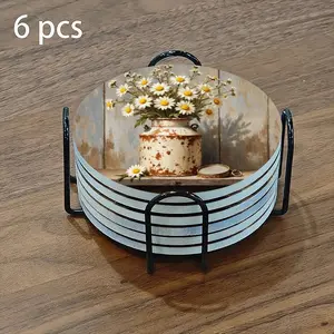 6-piece ceramic coaster set, featuring a retro country style design with white bouquets and metal cans. Heat-resistant, non-slip coasters with holders, perfect for home table decorations and beverage mats.