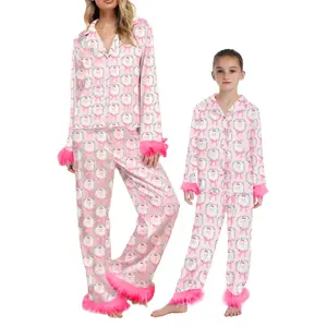 Mommy and Me Pajamas Set Christmas Feather Trim Pjs 2 Piece Sleepwear Matching Lounge Pants Set for Women Girls