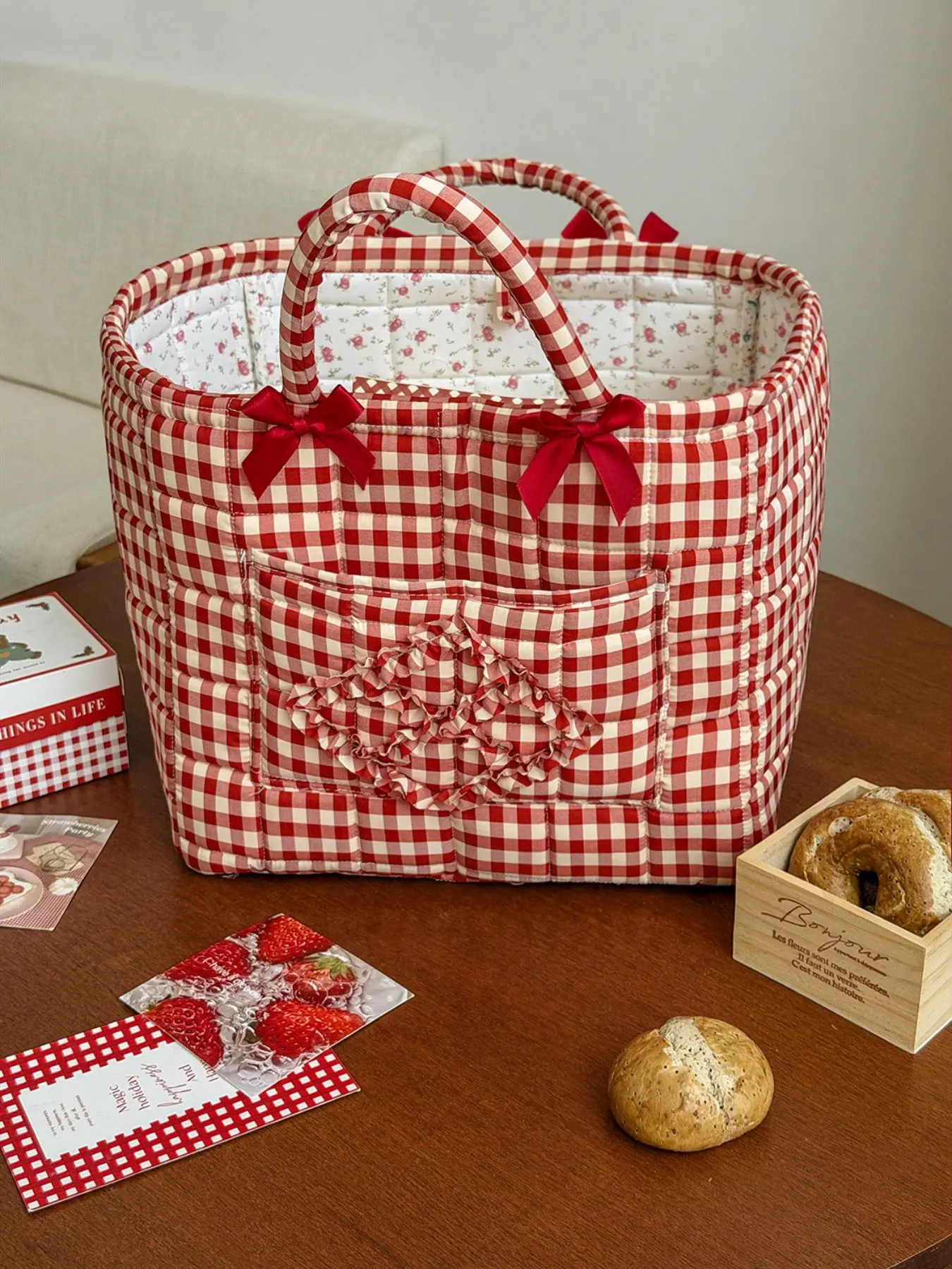 Grid Decorative Storage Basket with Butterfly Knot Decoration, Portable Foldable Storage Bag, Collapsible Storage Baskets, Large Capacity Laundry Room Organization and Storage Basket, Home Decor Gift