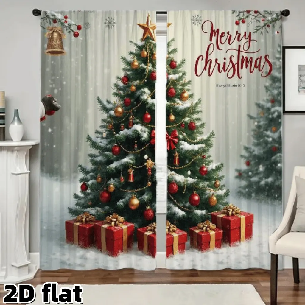 Christmas Tree Curtain Set, Holiday Pine Print Polyester Half-Transparent Sheer Curtains, Gold Stars Bells Gift Box Pattern Window Decor