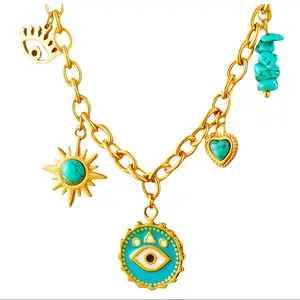 Evil Eyes Necklace 18K Gold Plated Steel Chain Turquoise And Gold with Sun Heart and Eye Charms Waterproof Hypoallergenic